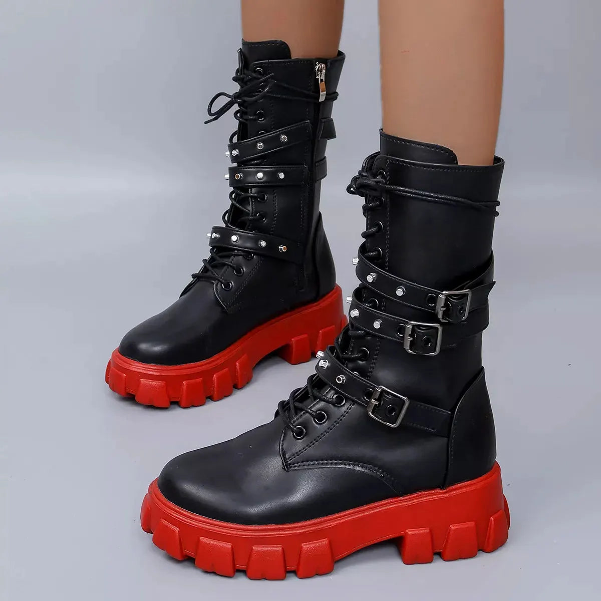 Buckled Lace-Up Combat Boots by Partner Label