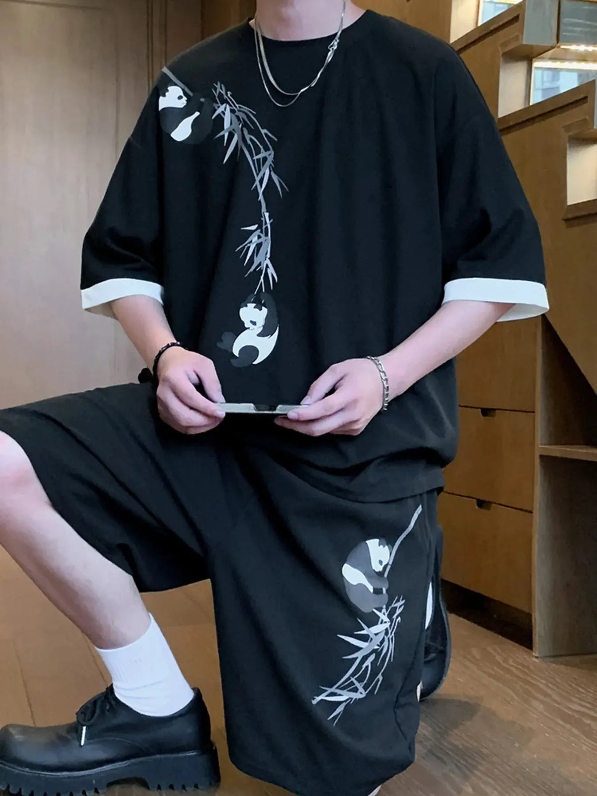 Men's Full Size Panda Bamboo Print Tee and Shorts Set Plus Size by Trendsi