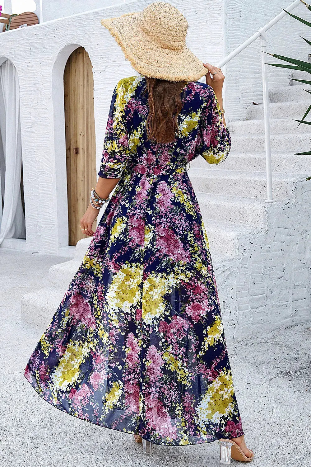 Devine Printed Tied Half Sleeve Slit Dress by Devine