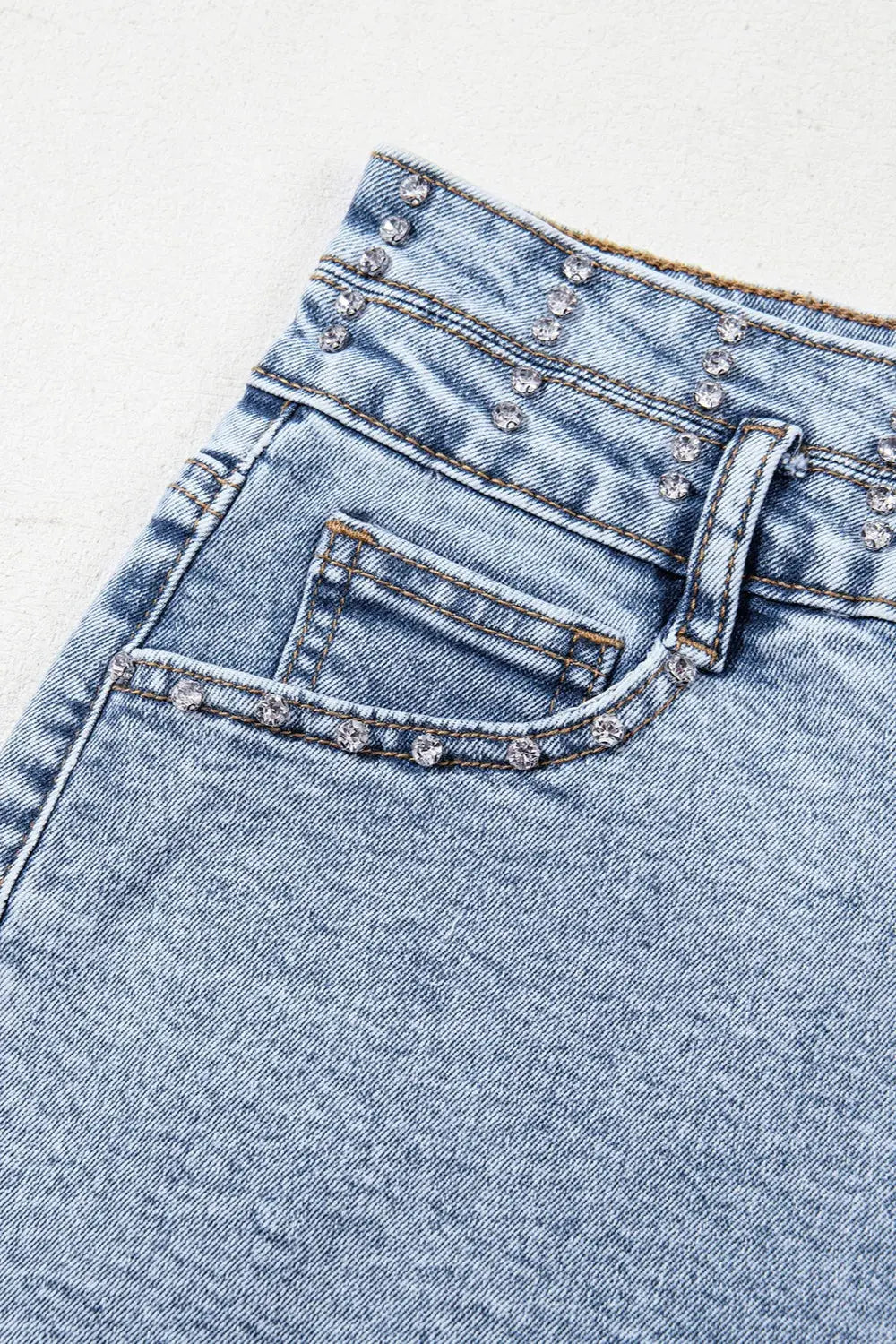 Rhinestone Light Wash Raw Hem High Waist Denim Shorts by Partner Label