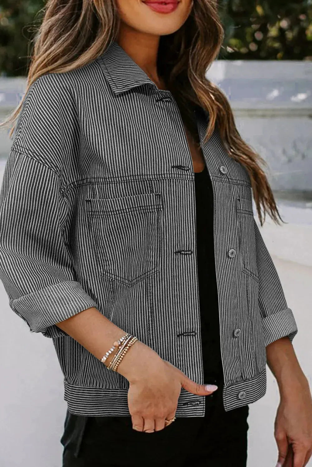 Striped Button Up Long Sleeve Denim Jacket by Partner Label