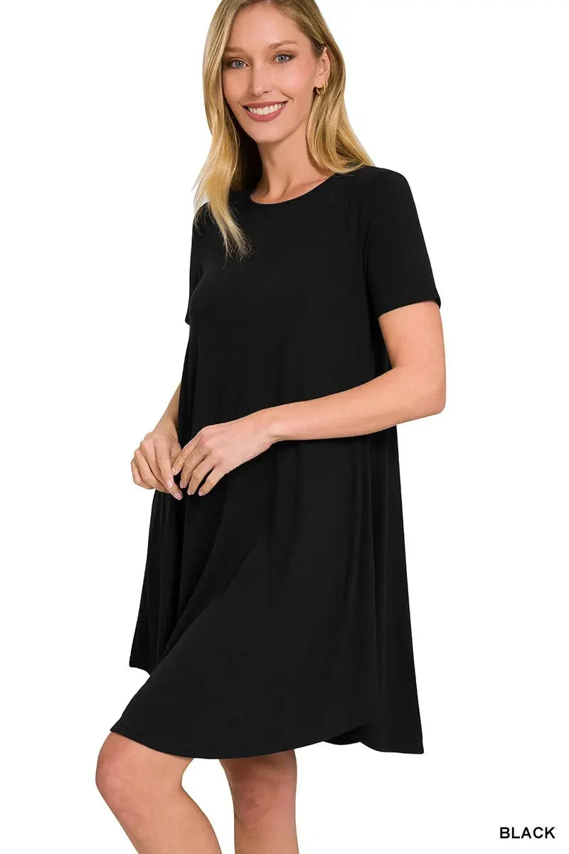 Zenana Short Sleeve Round Hem A-line Dress with Side Pockets by Zenana