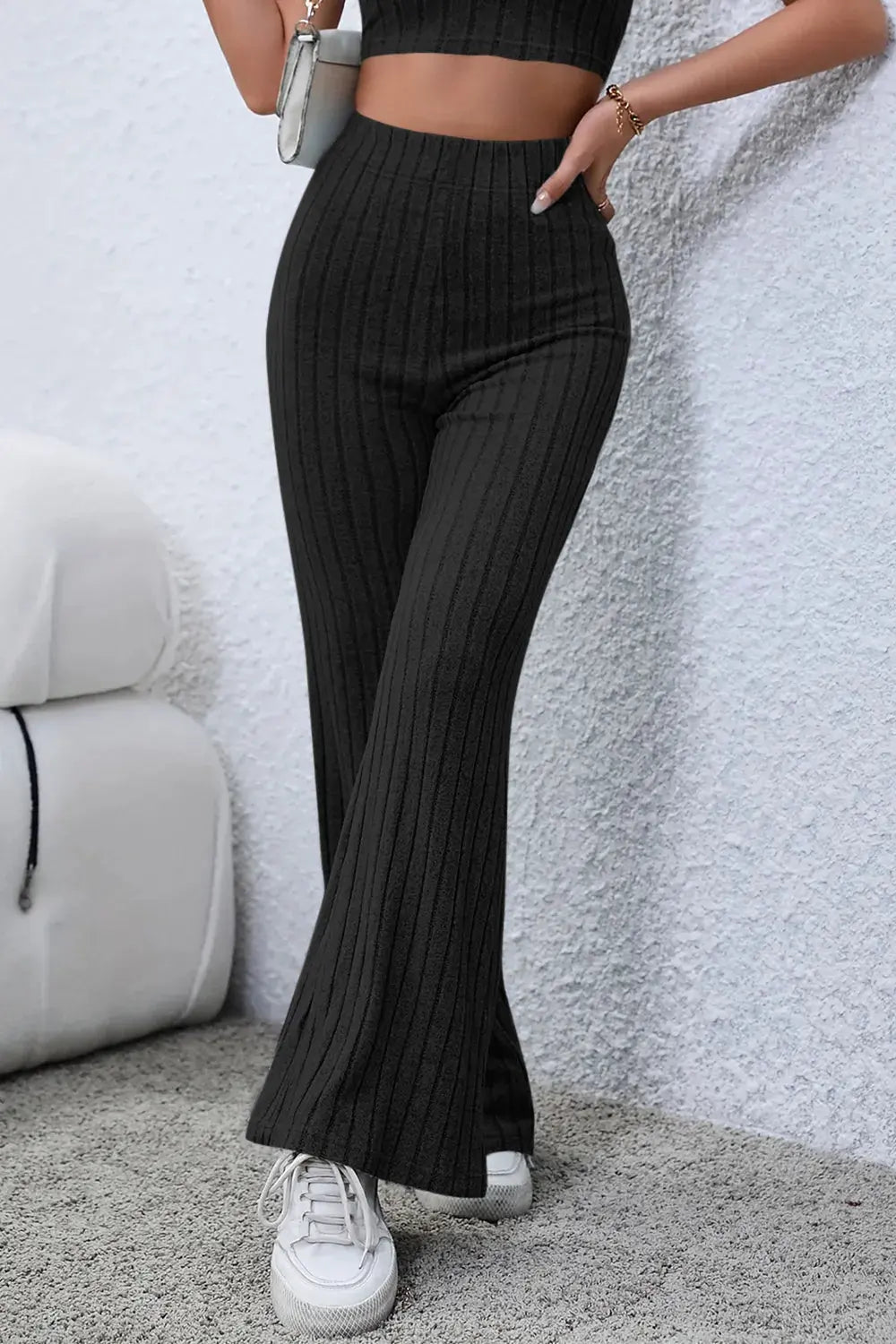 Basic Bae Full Size Ribbed High Waist Flare Pants by Partner Label