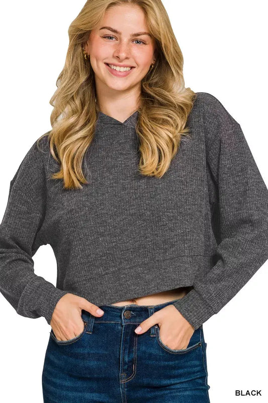 Zenana Drop Shoulder Ribbed Crop Hoodie by Zenana