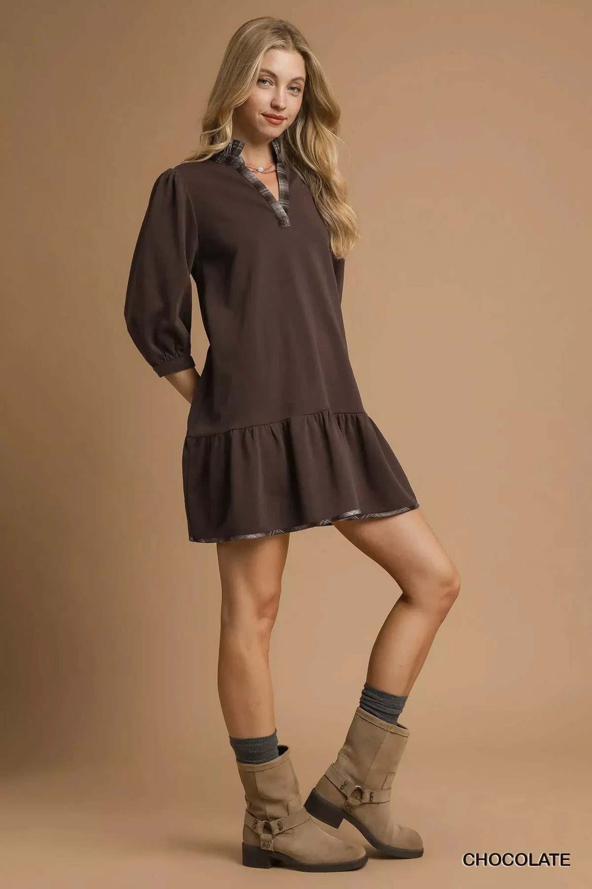 Umgee French Terry Ruffle Hem Dress with Plaid Trim by Umgee