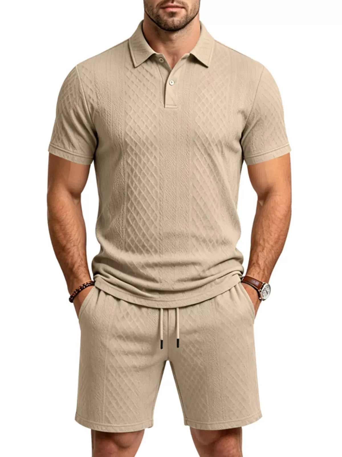 Men's Full Size Textured Short Sleeve Polo and Shorts Set Plus Size by POL