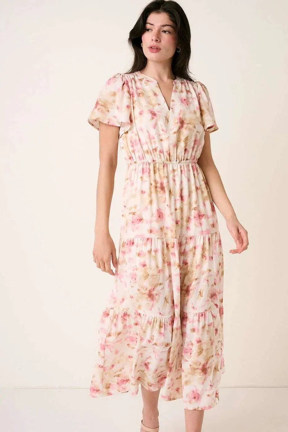 Mittoshop Flower Print Flutter Sleeve V Slit Maxi Dress by Mittoshop