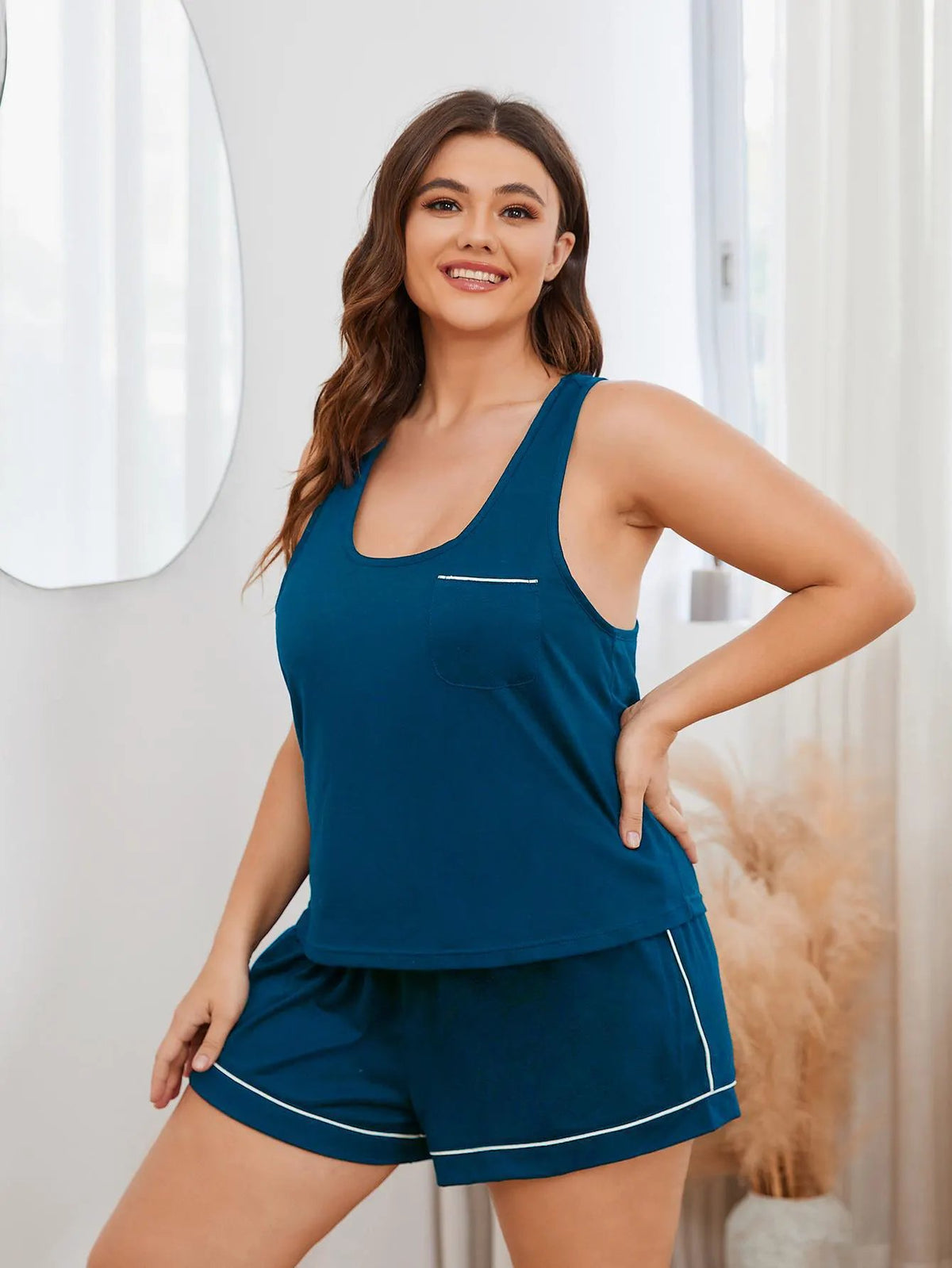 Plus Size Contrast Piping Racerback Tank and Shorts Lounge Set by Partner Label