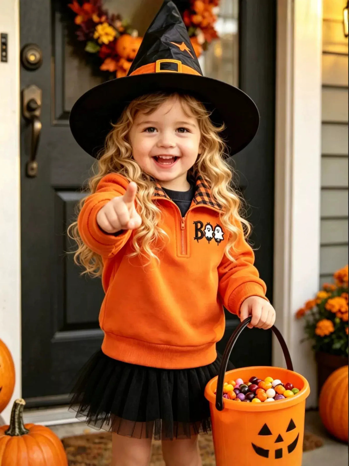 Children's Pumpkin Quarter-Zip Plaid Collar Sweatshirt by Trendsi