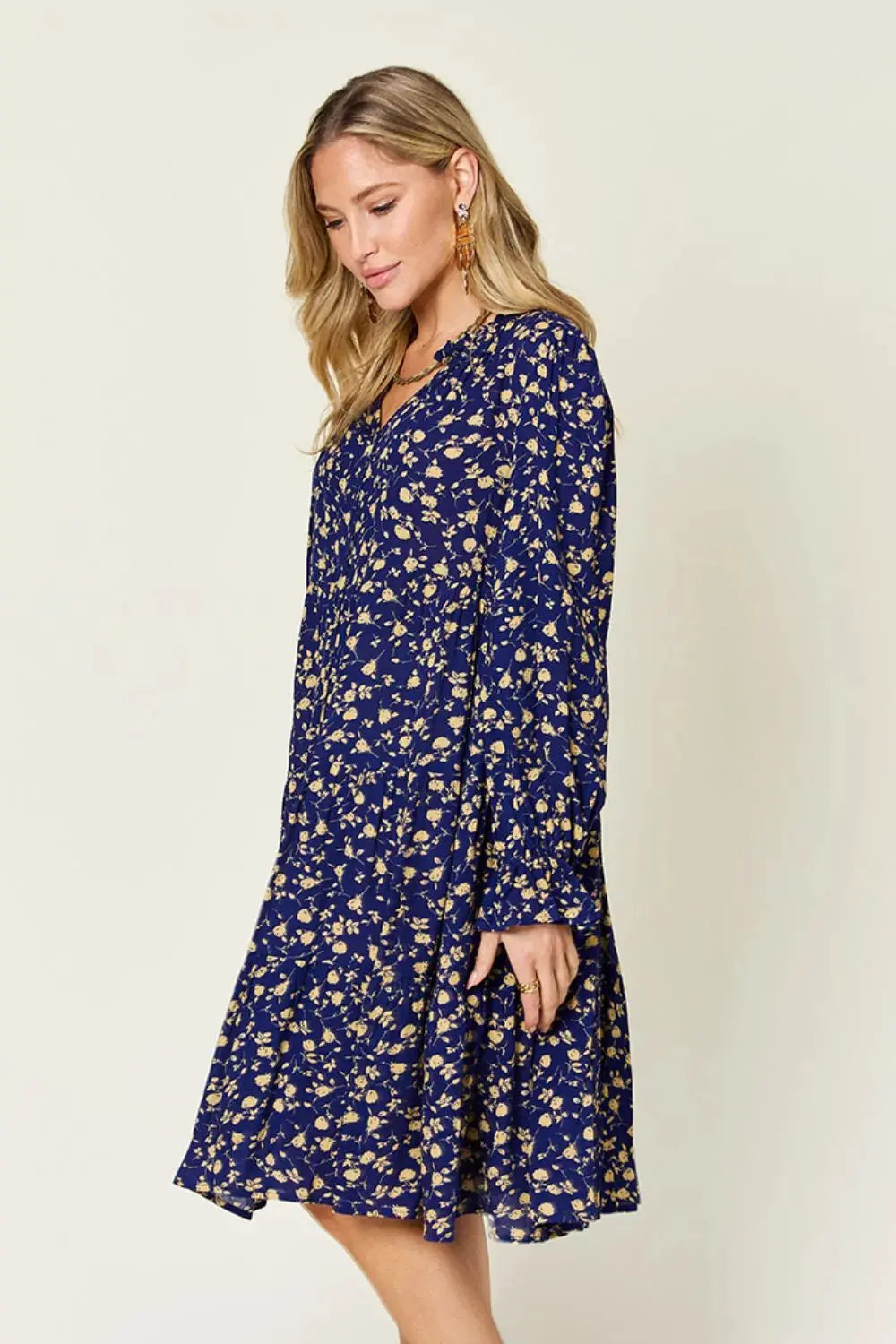 Double Take Full Size Printed Ruffle Hem Long Sleeve Tiered Dress by Double Take