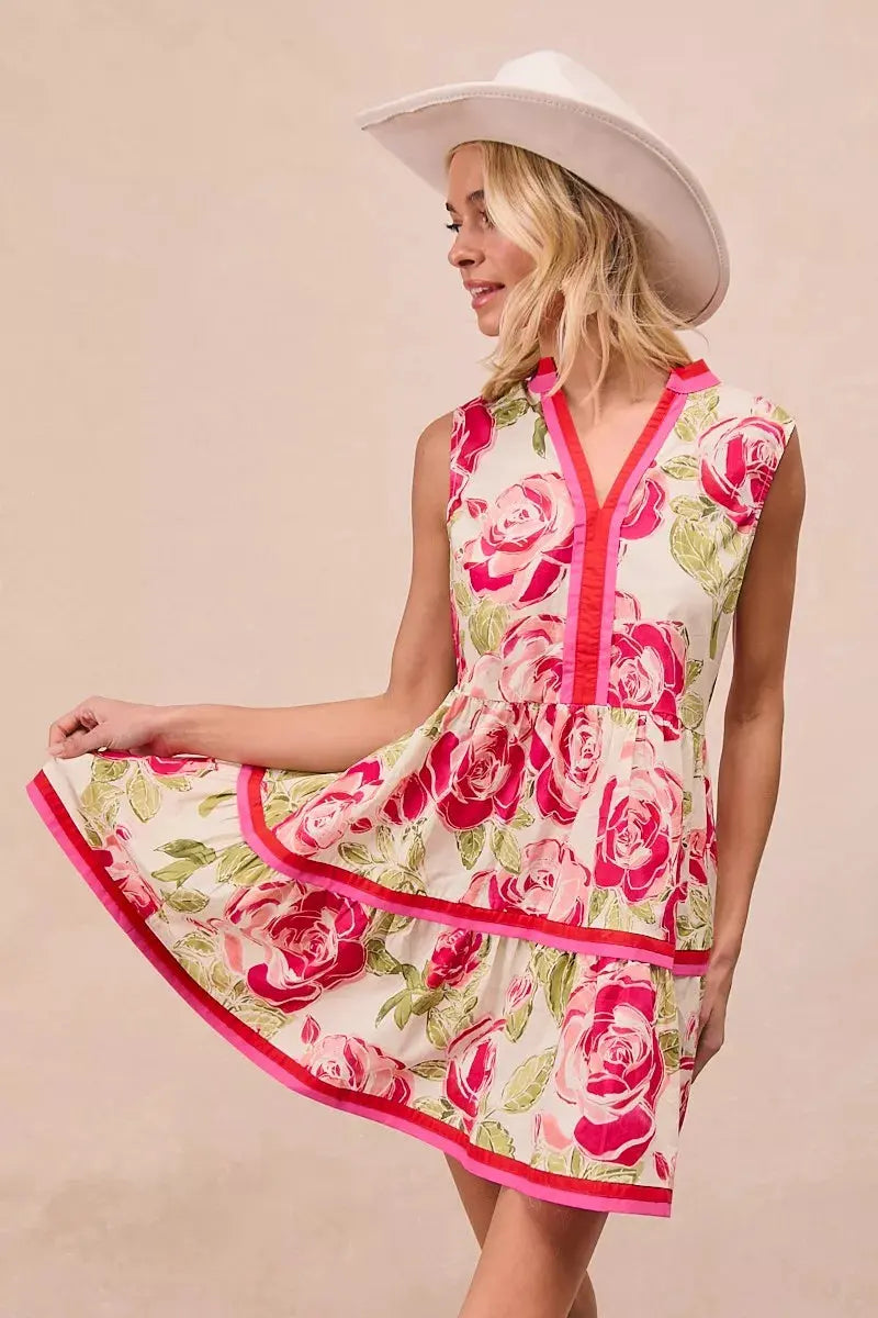 BiBi Floral Woven Contrast Edge Tiered Ruffle Mini Dress by BiBi