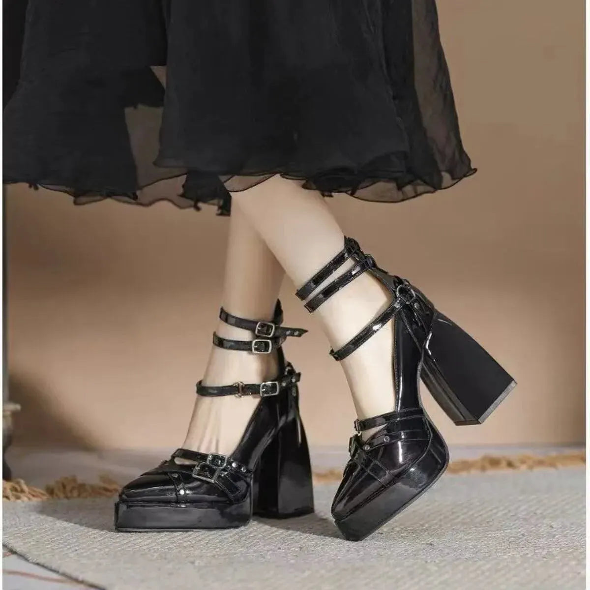 Gothic Platform Pumps with Multiple Buckle Straps by Partner Label