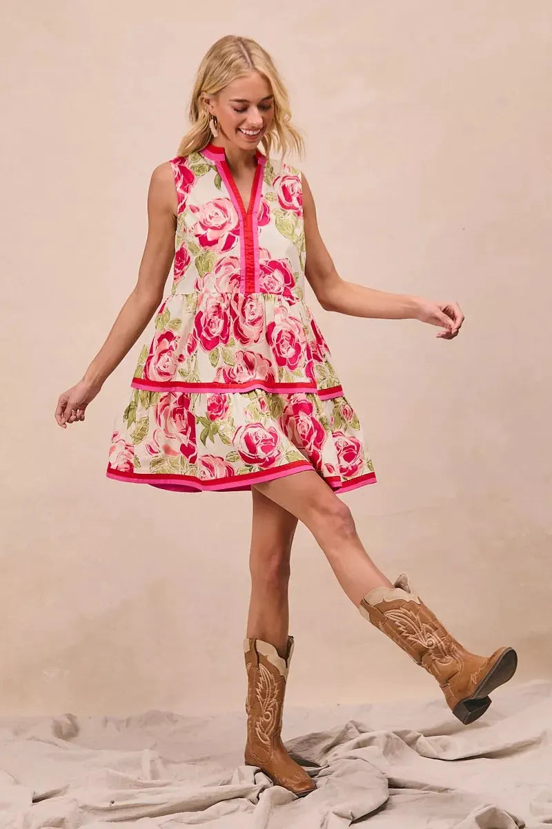BiBi Floral Woven Contrast Edge Tiered Ruffle Mini Dress by BiBi