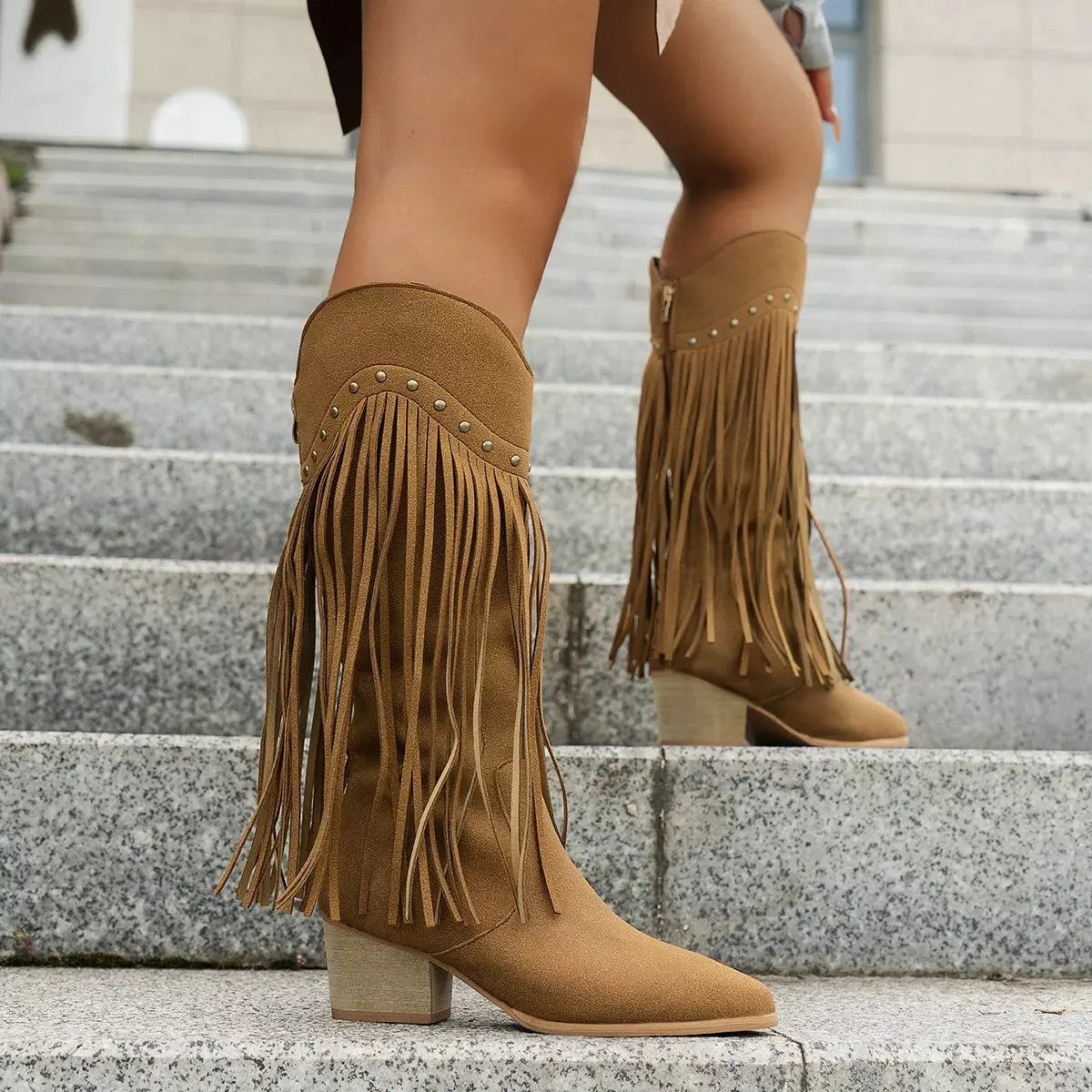 Fringe Point Toe Block Heels Boots by Partner Label