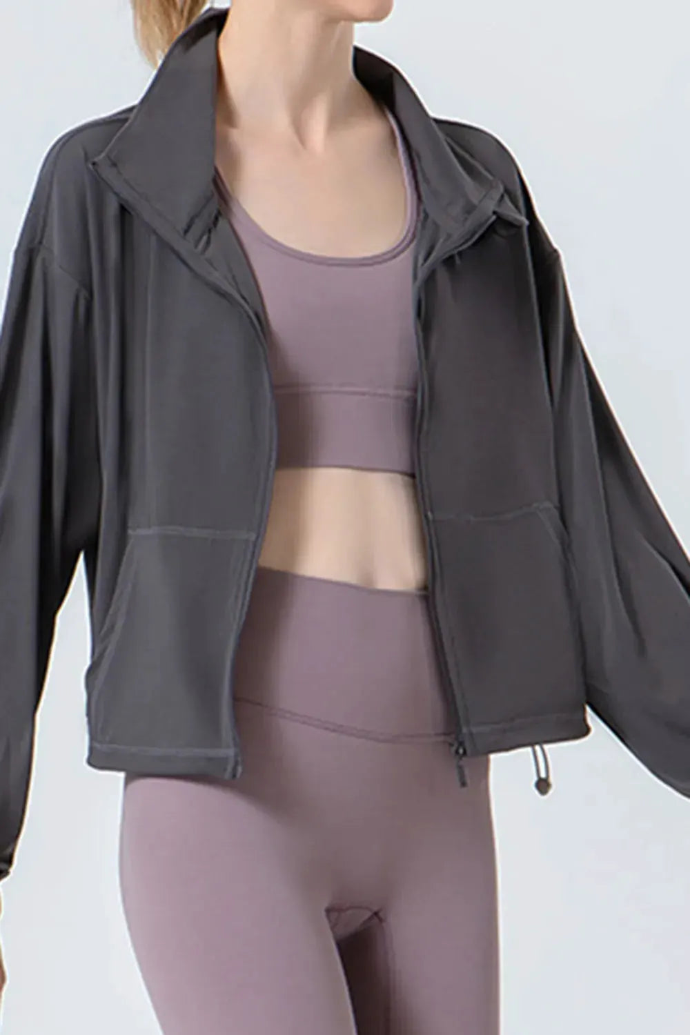 Drawstring Zip Up Dropped Shoulder Active Outerwear by Partner Label