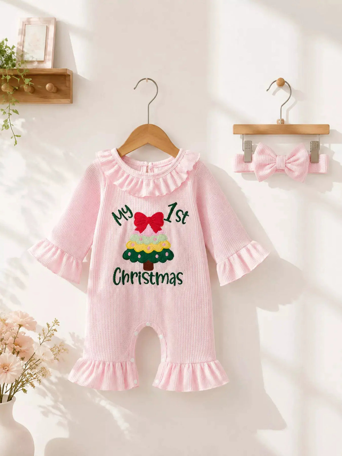 Children's 'My 1st Christmas' Ribbed Ruffle Jumpsuit and Headband Set by Trendsi