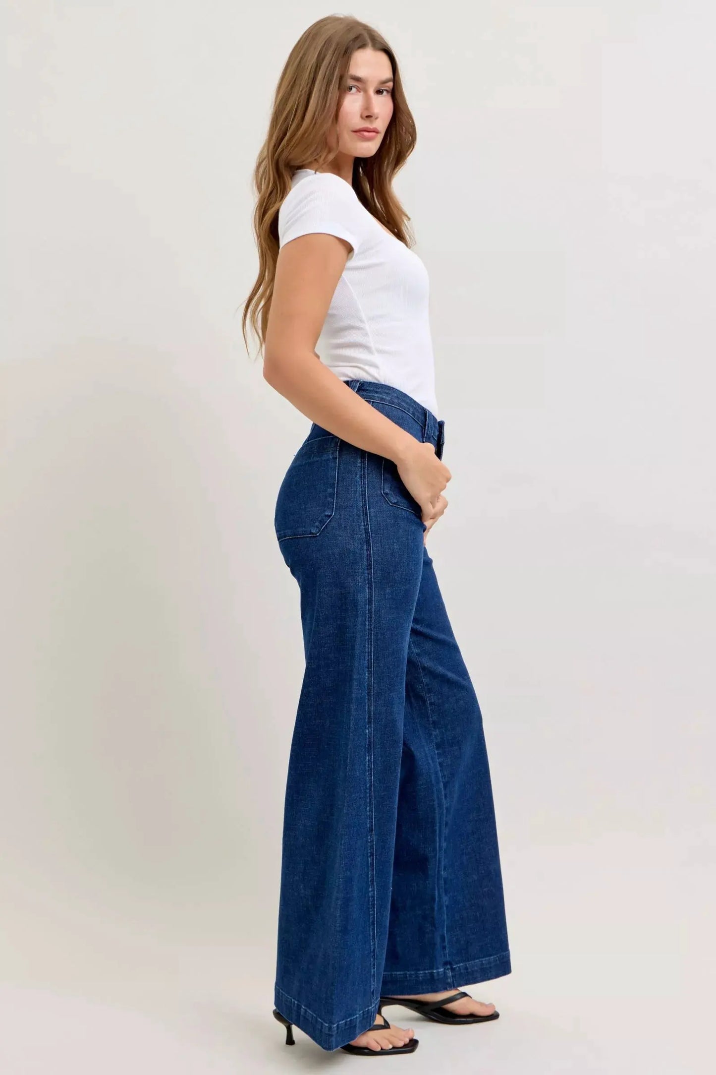 Judy Blue High-Waisted Retro Wide Jeans with Patch Pkts & Twisted Seams by Judy Blue