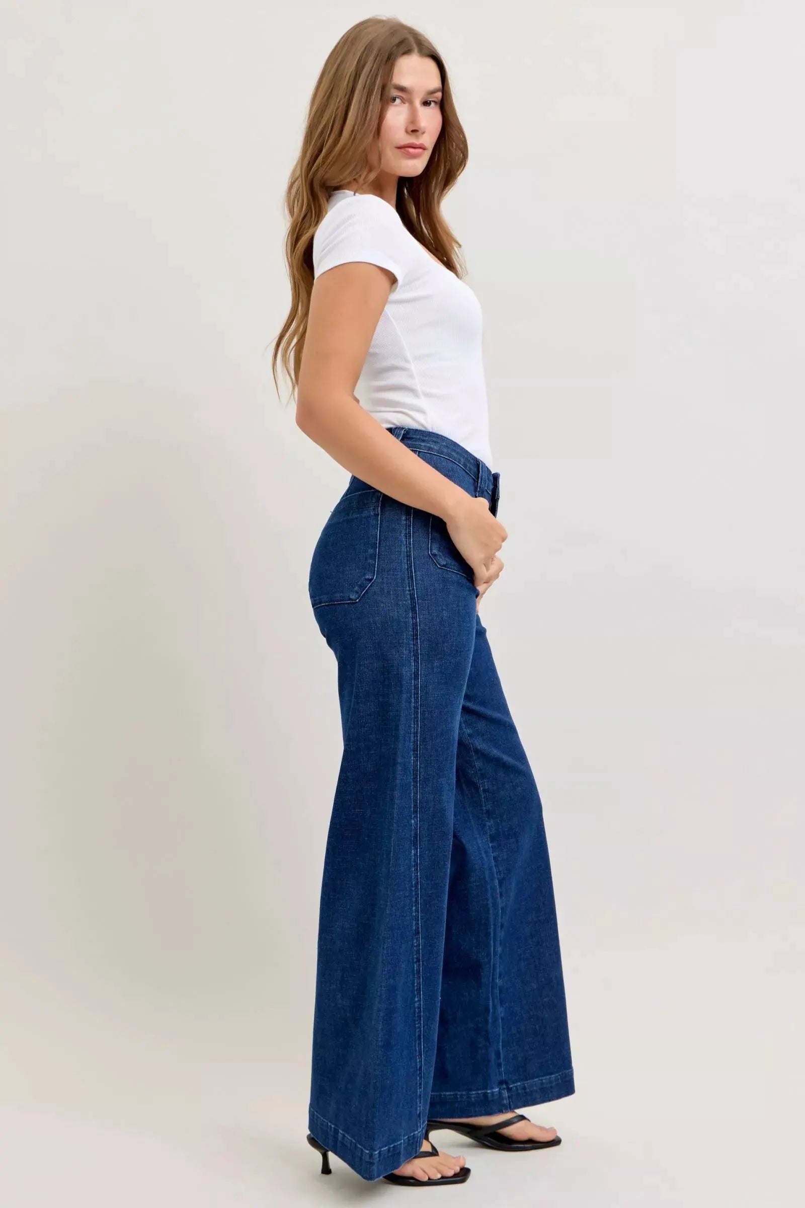 Judy Blue High-Waisted Retro Wide Jeans with Patch Pkts & Twisted Seams by Judy Blue