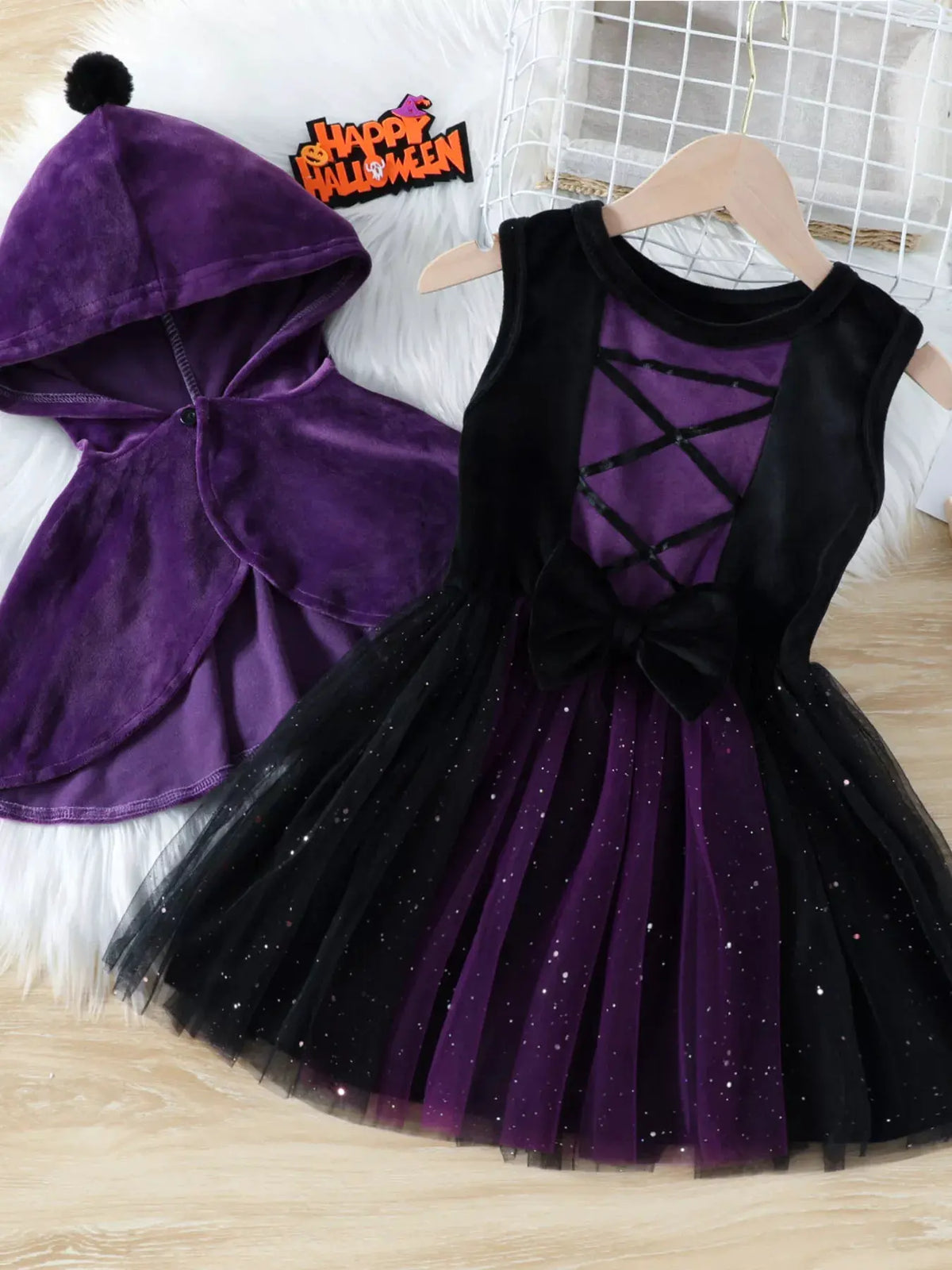 Children's Velvet Hooded Cape and Tulle Dress Halloween Witch Costume Set by Trendsi