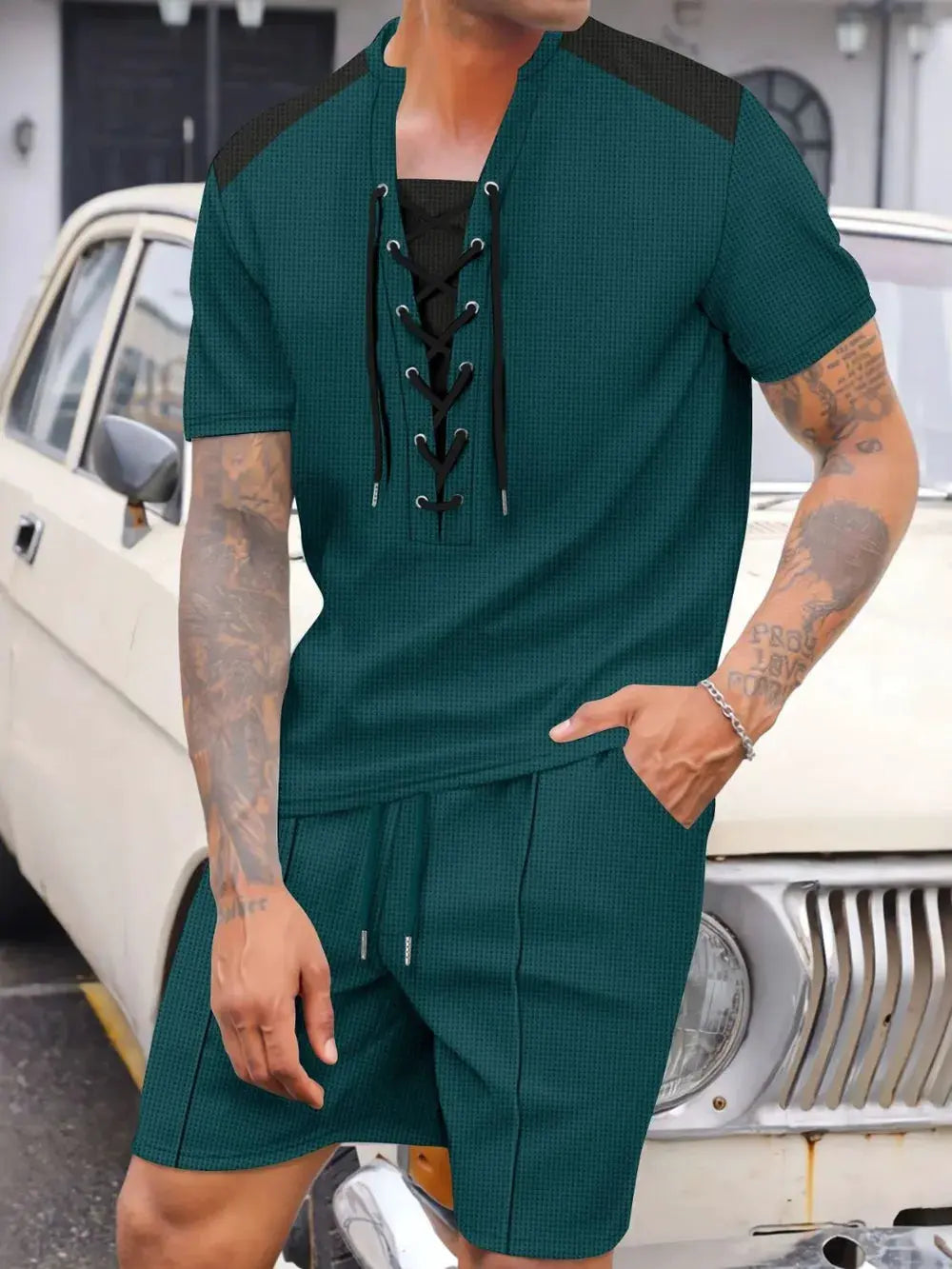 Men's Full Size Lace-Up Waffle Knit Top and Shorts Set Plus Size by Partner Label