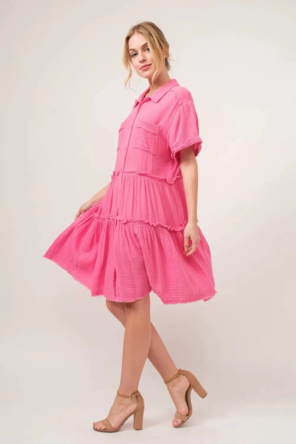 And The Why Full Size Raw Edge Washed Tiered Shirt Dress by And The Why