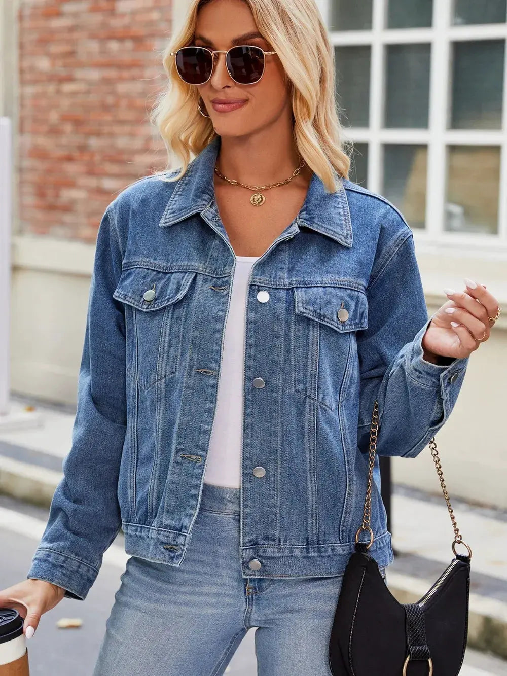 Pocketed Collared Neck Denim Jacket by Partner Label