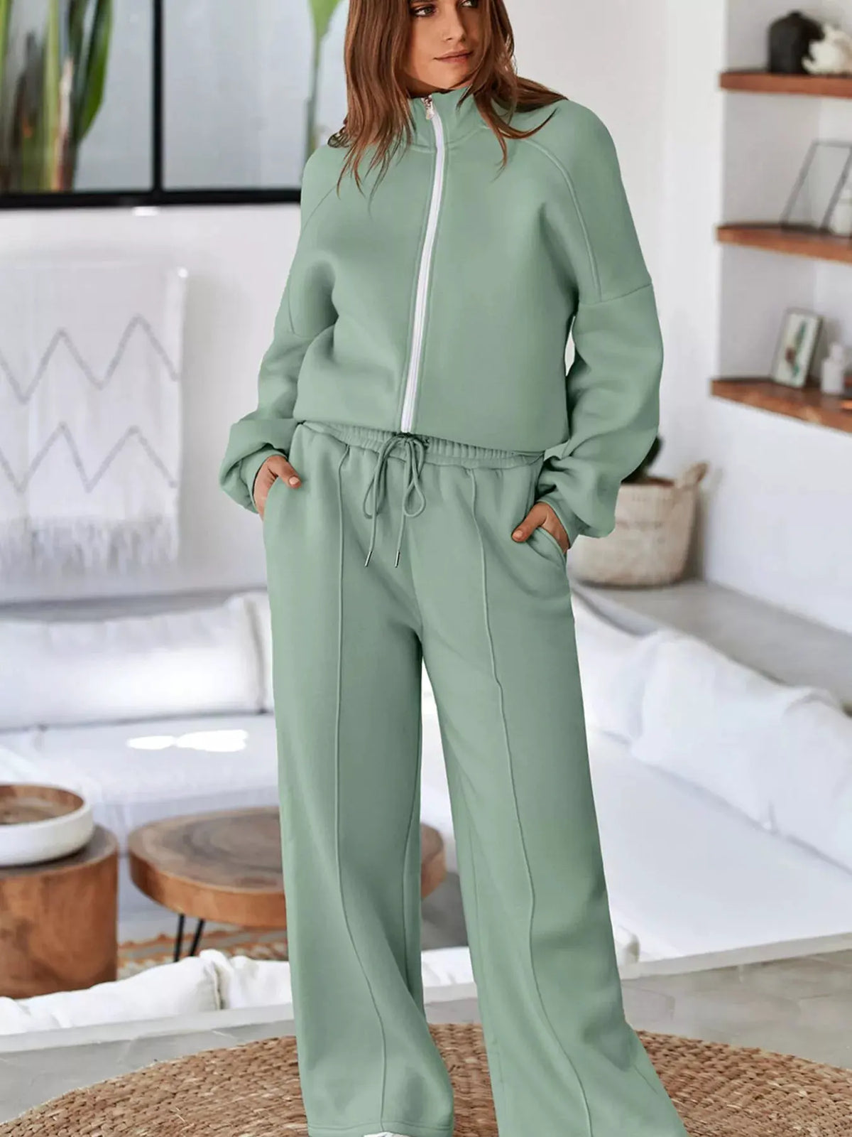 Drop Shoulder Zip Up Jacket and Drawstring Pants Active 2pcs Set by Partner Label