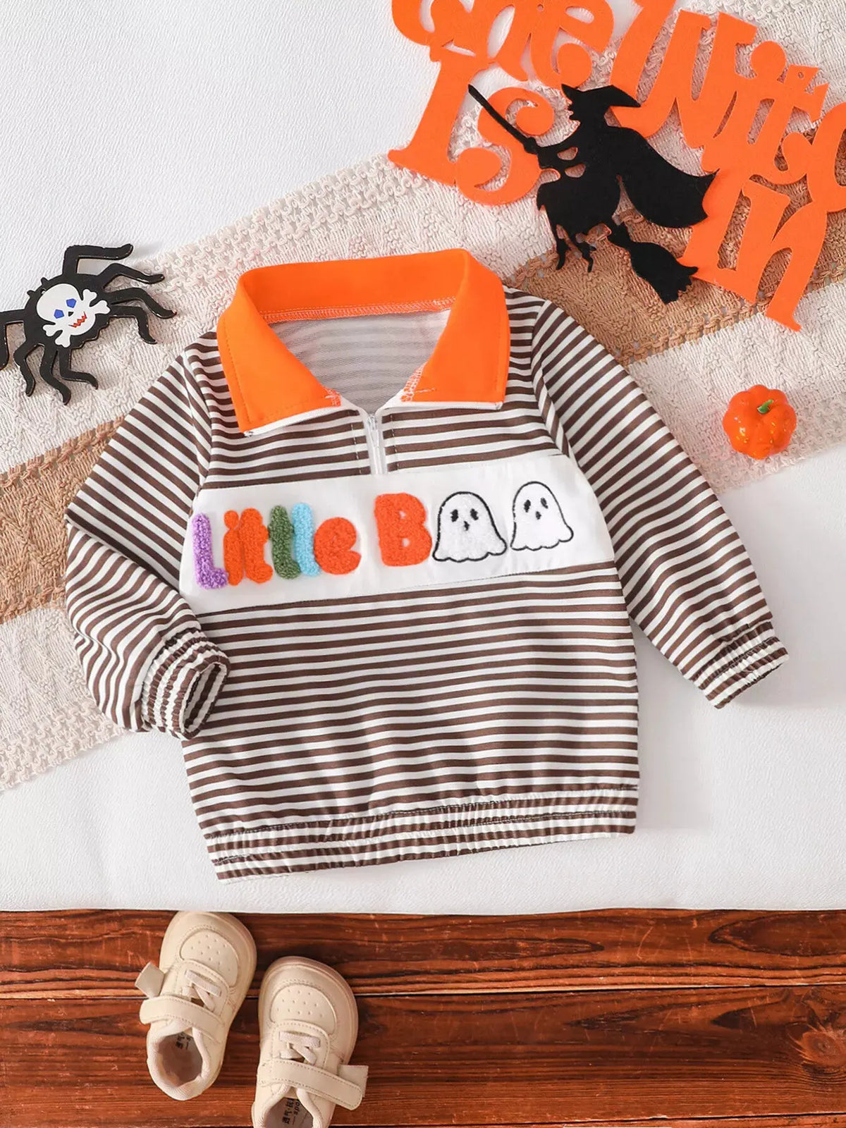 Children's Little Boo Halloween Striped Quarter-Zip Sweatshirt by Trendsi