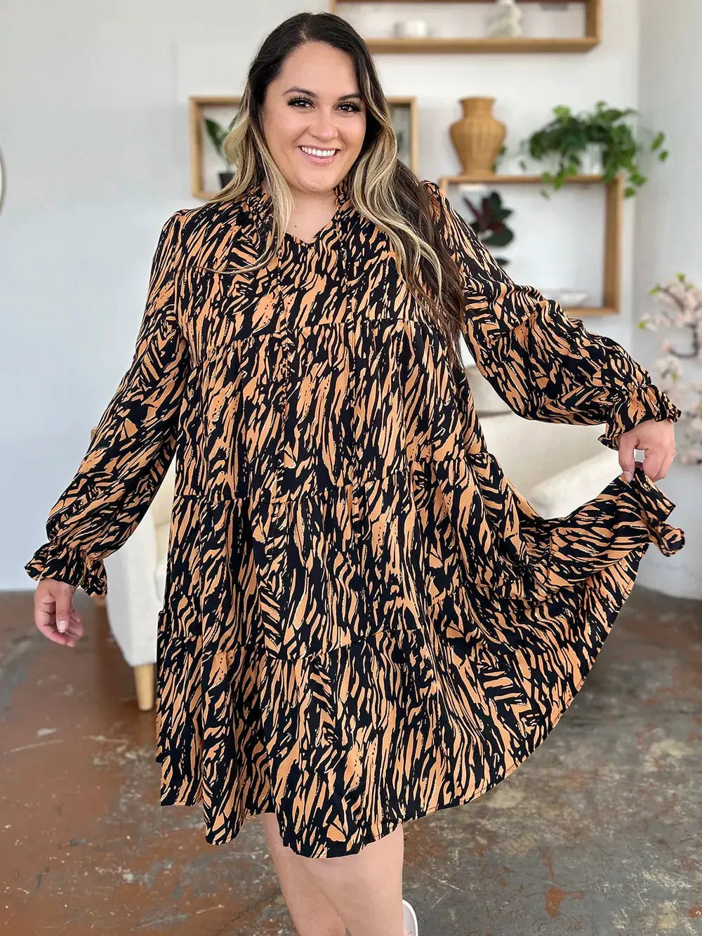 Double Take Full Size Printed Ruffle Hem Long Sleeve Dress by Double Take