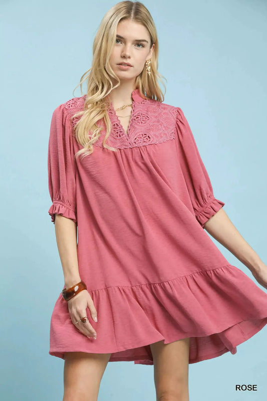 Umgee Lace Yoke Tiered Mini Dress by Umgee USA