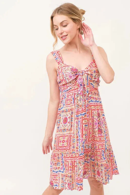 And The Why Tied Front Smocked Back Tiered Boho Printed Dress by And The Why