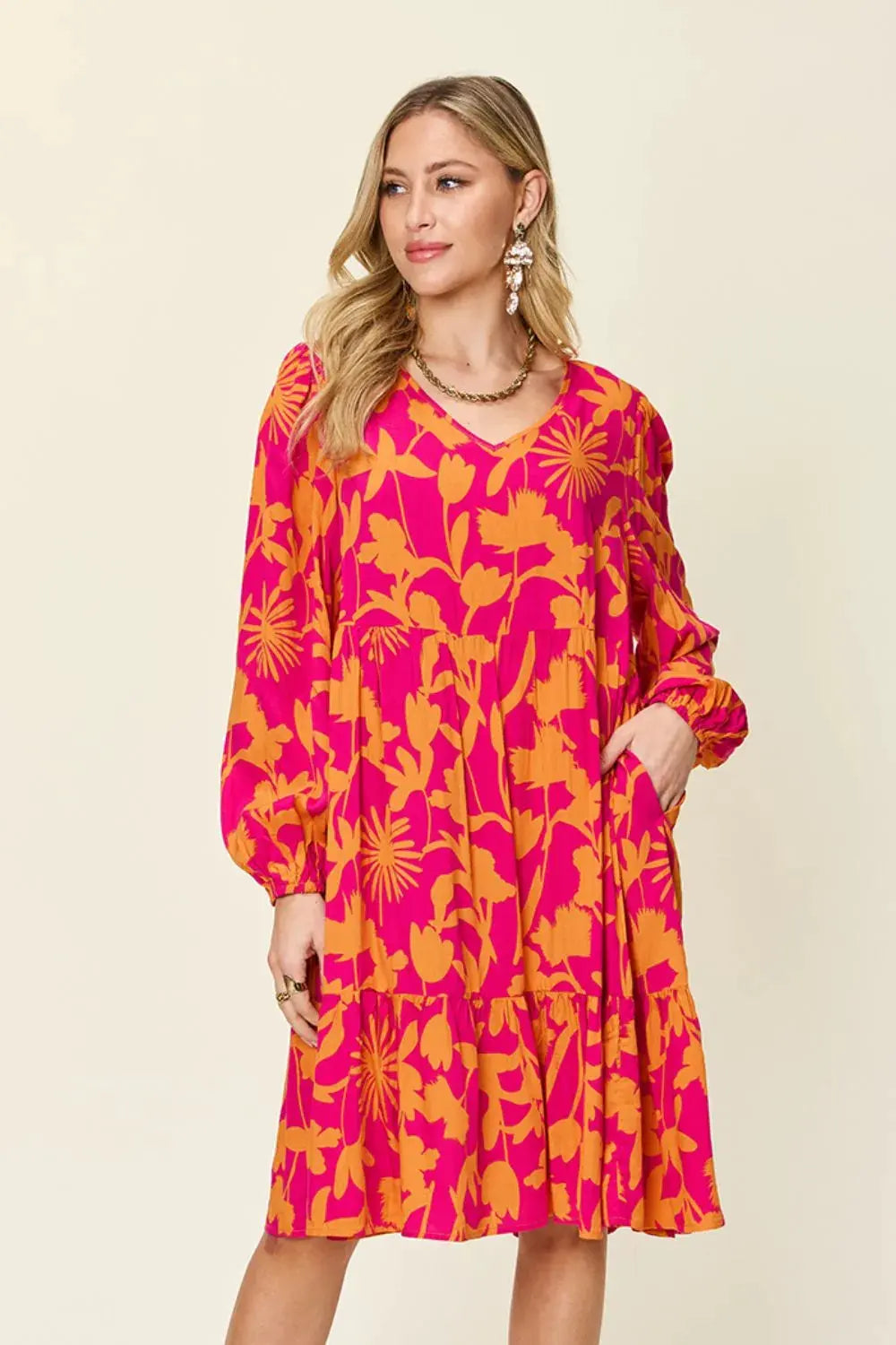Double Take Full Size Printed Ruffle Hem Dress with Pocket by Double Take