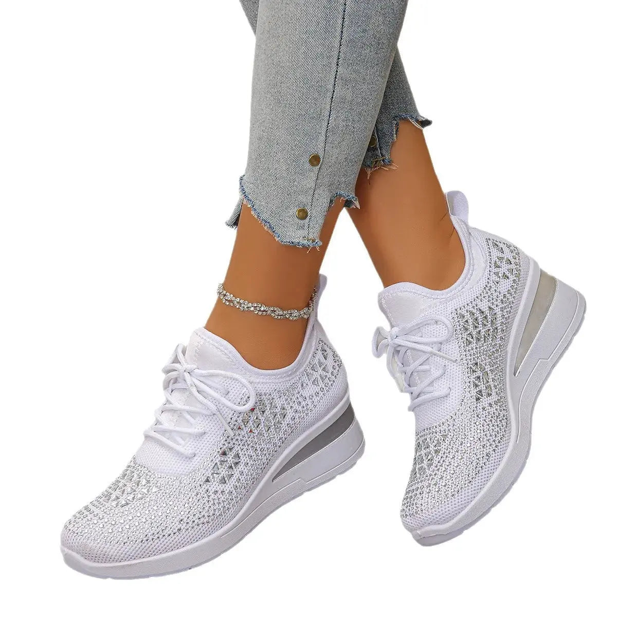 Breathable Mesh Rhinestone Wedge Athletic Sneakers by Partner Label