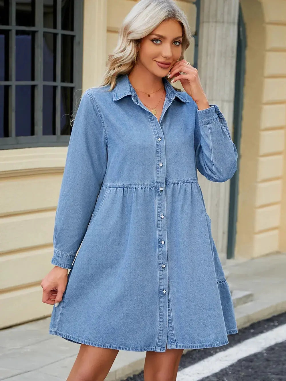 Tiered Button Up Long Sleeve Denim Dress by Partner Label