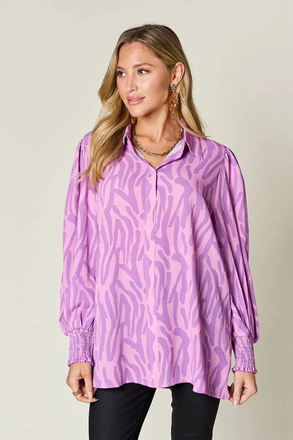 Double Take Full Size Printed Smocked Long Sleeve Blouse Plus Size by Double Take