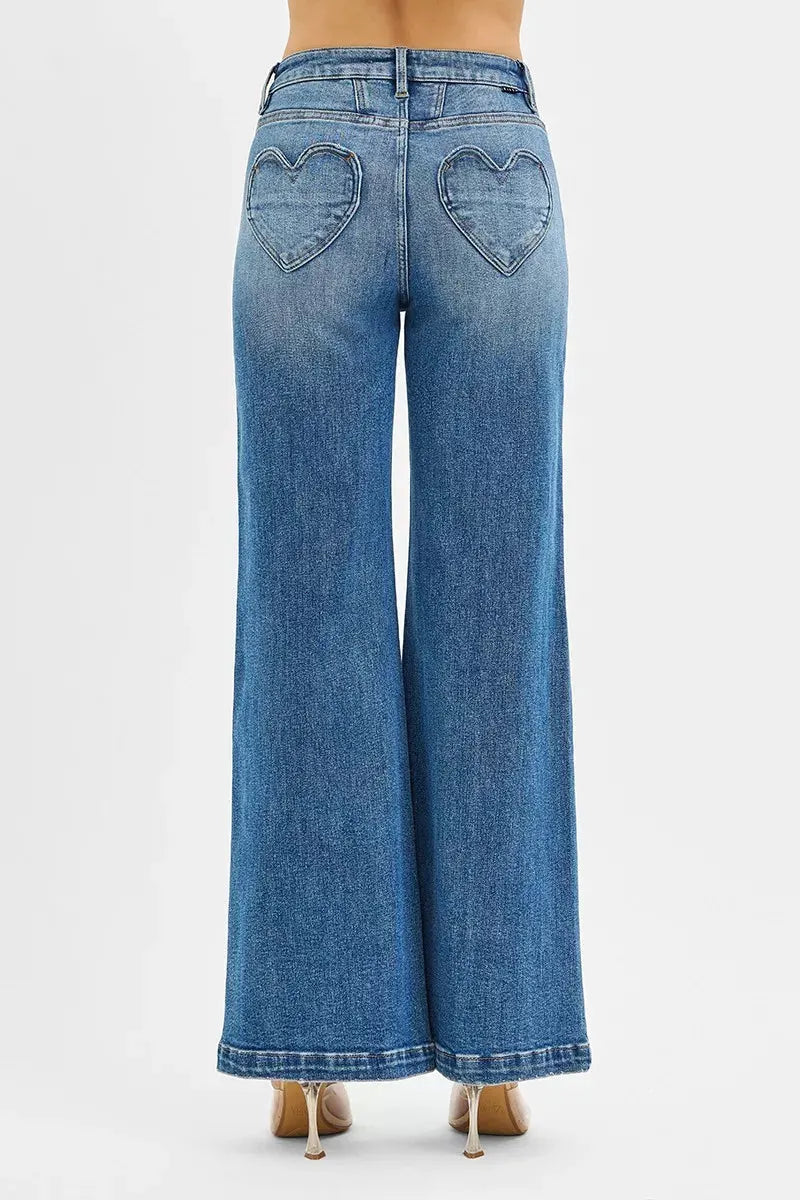 RISEN High Rise Wide Leg Jenas with Front Yoke and Heart Back Pocket by RISEN