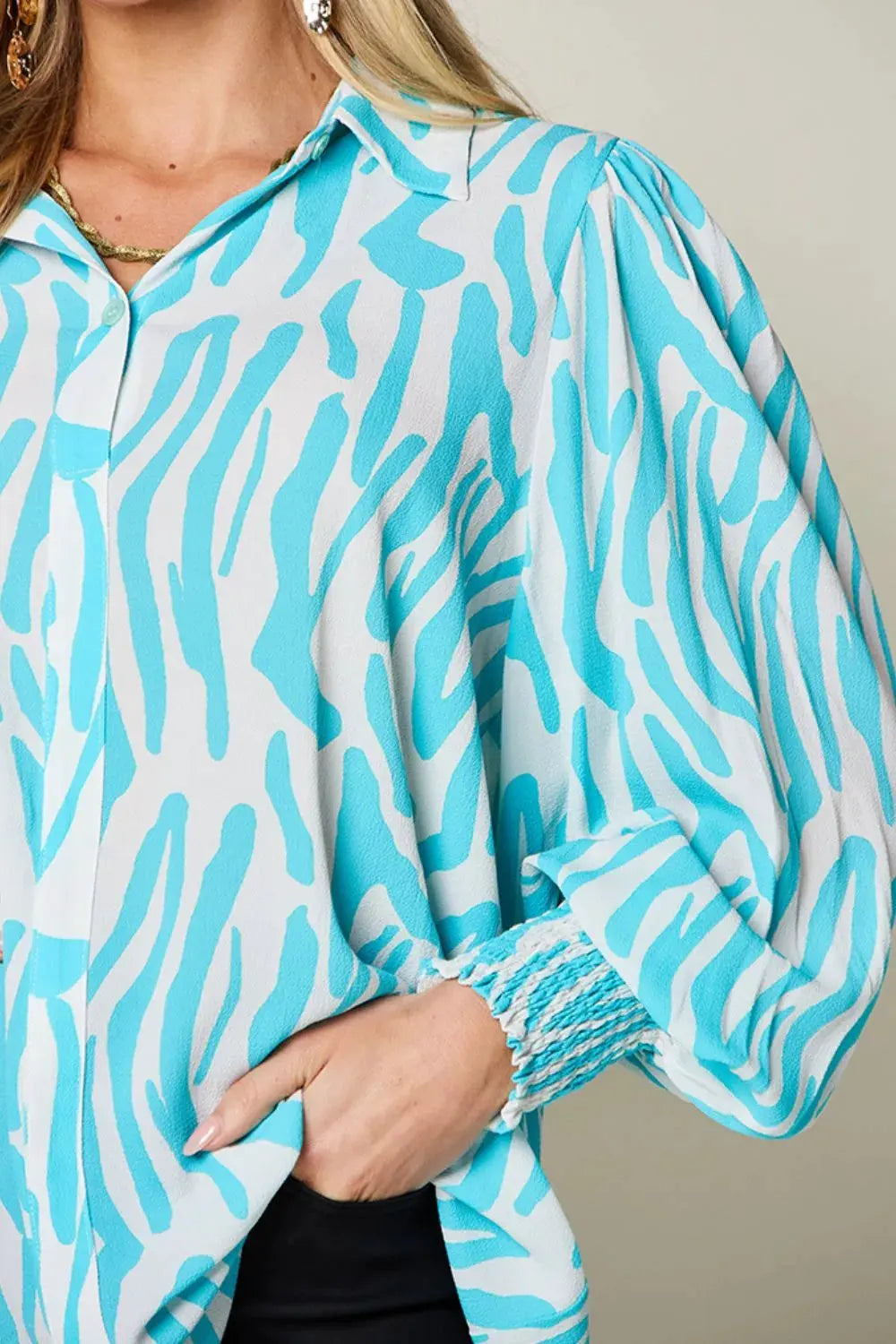 Double Take Full Size Printed Smocked Long Sleeve Blouse Plus Size by Double Take