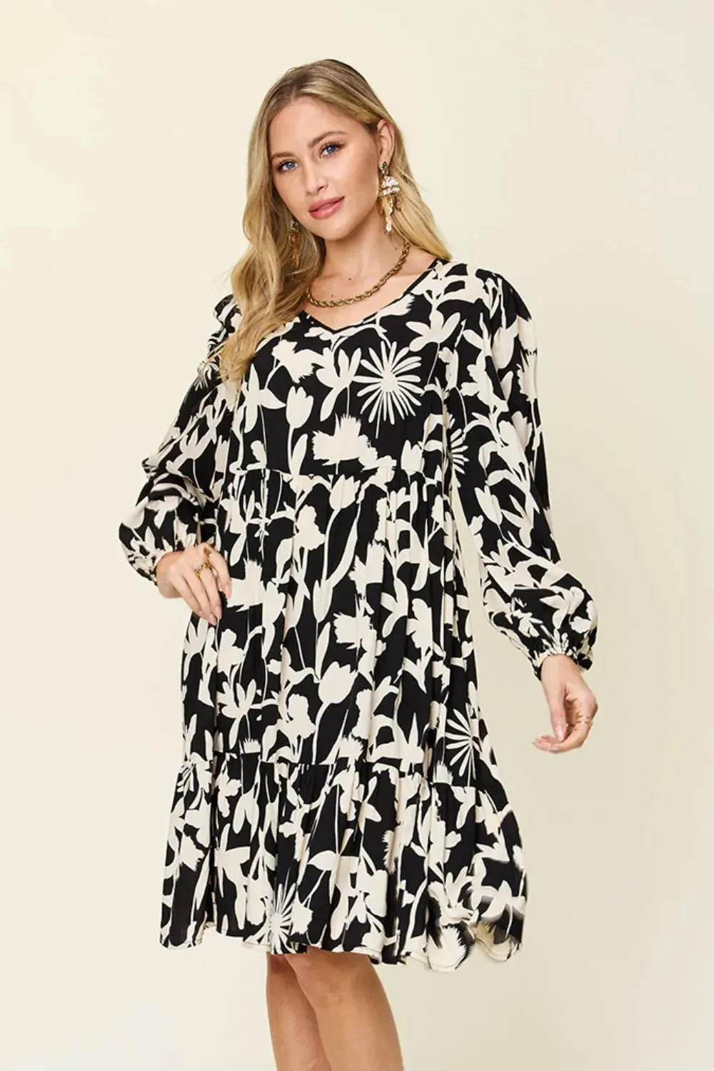 Double Take Full Size Printed Ruffle Hem Dress with Pocket by Double Take