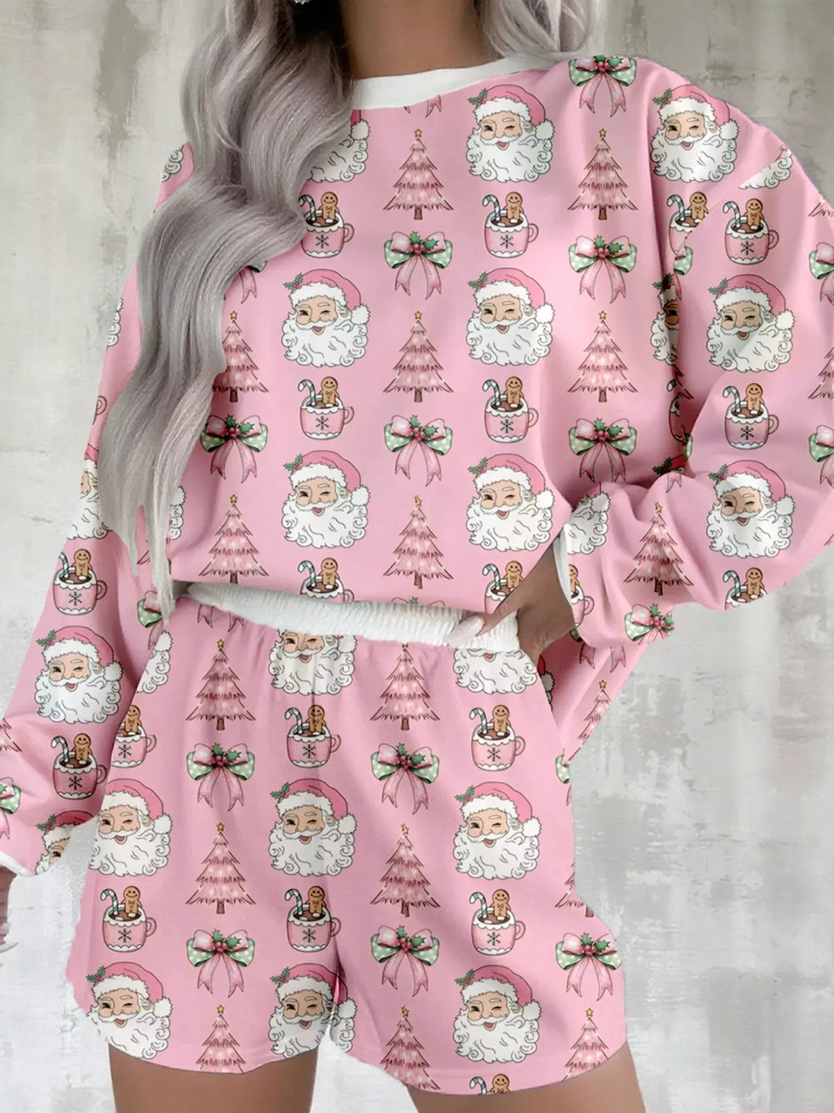 Christmas Santa Print Round Neck Top and Shorts Lounge Set by Partner Label
