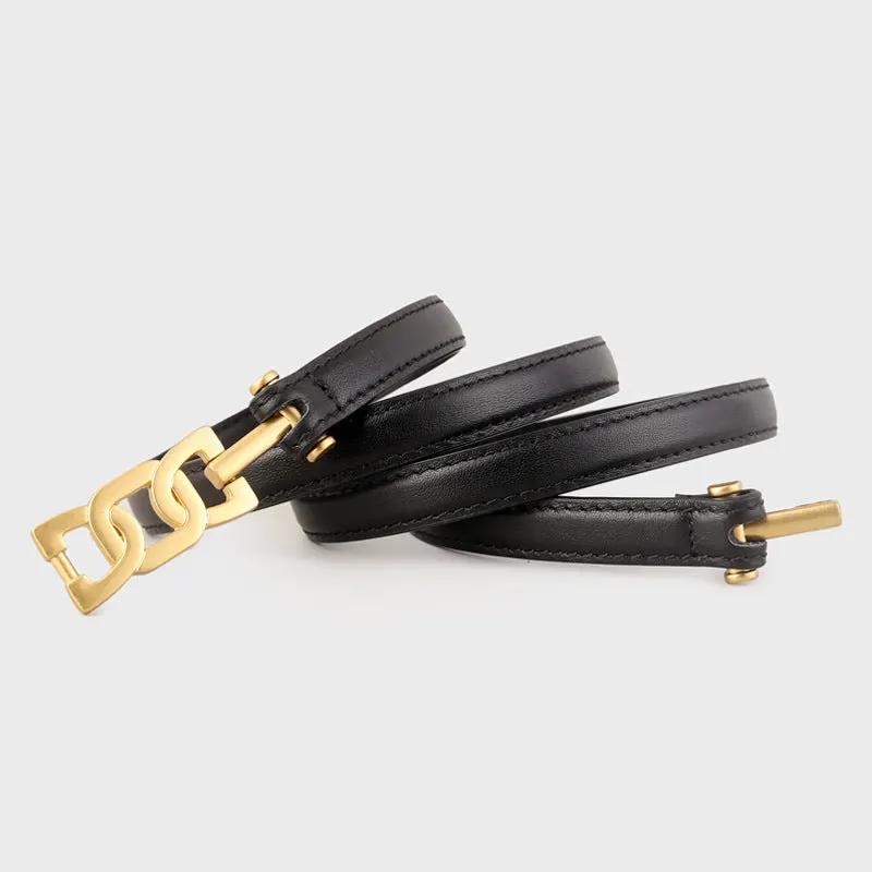 Gold Buckle Skinny Leather Belt by Trendsi