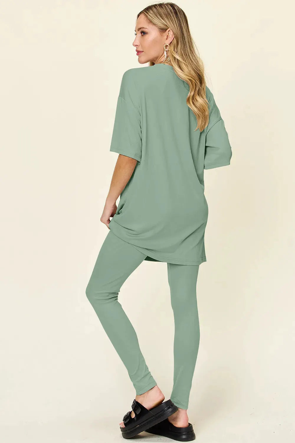 Double Take Full Size Round Neck Dropped Shoulder T-Shirt and Leggings Set by Double Take