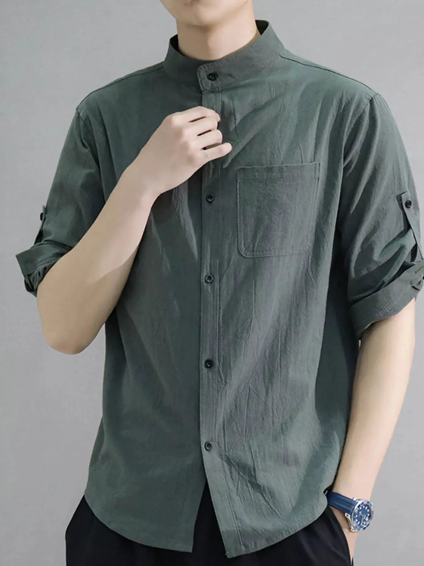 Men's Plus Size Button Up Roll-Up Sleeve Shirt by Trendsi