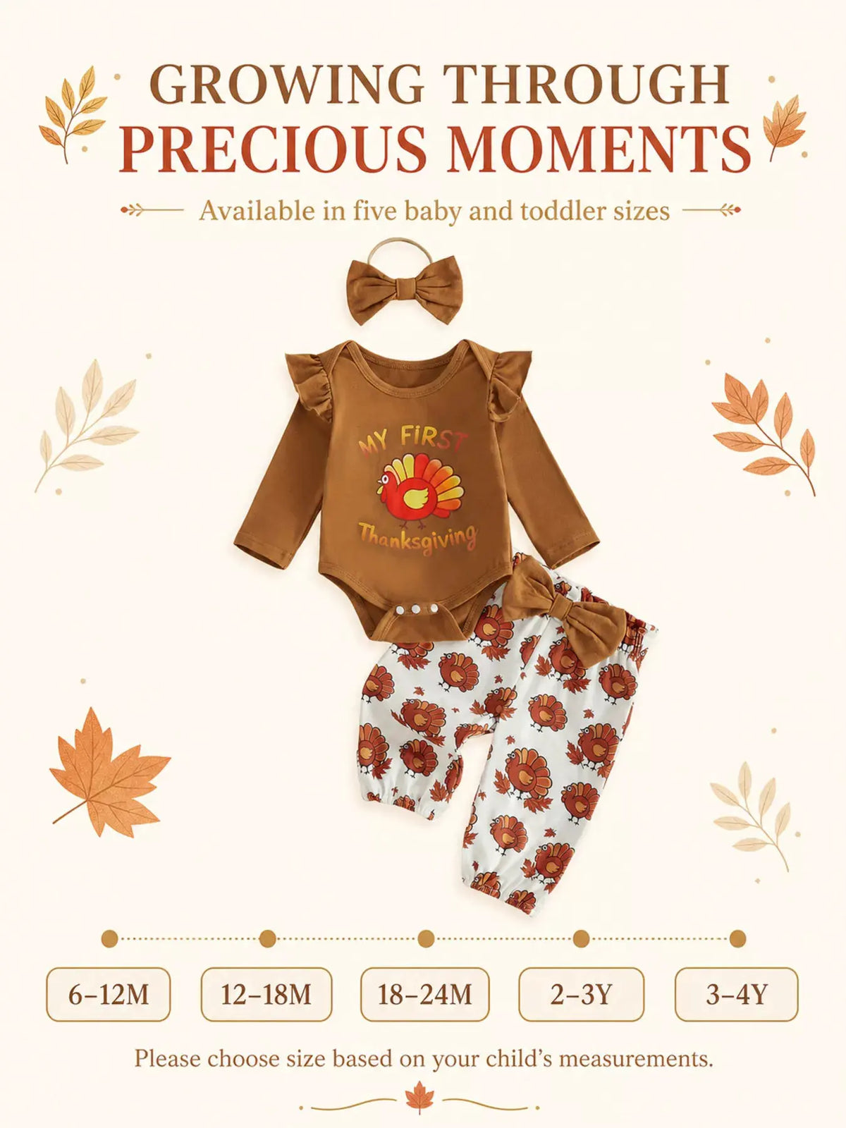 Children's 'My First Thanksgiving' Ruffle Bodysuit and Turkey Print Pants Set with Headband by Trendsi