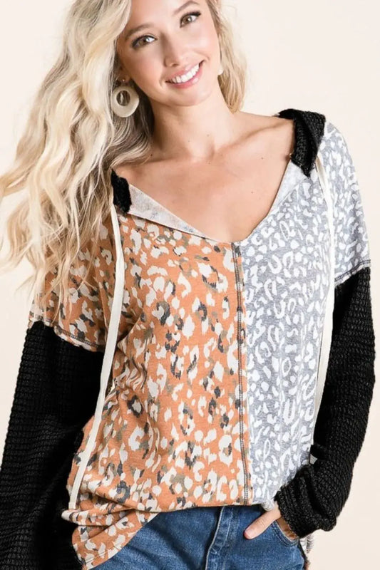 BiBi Popcorn Waffle Knit Hoodie with Print Block Front by BiBi