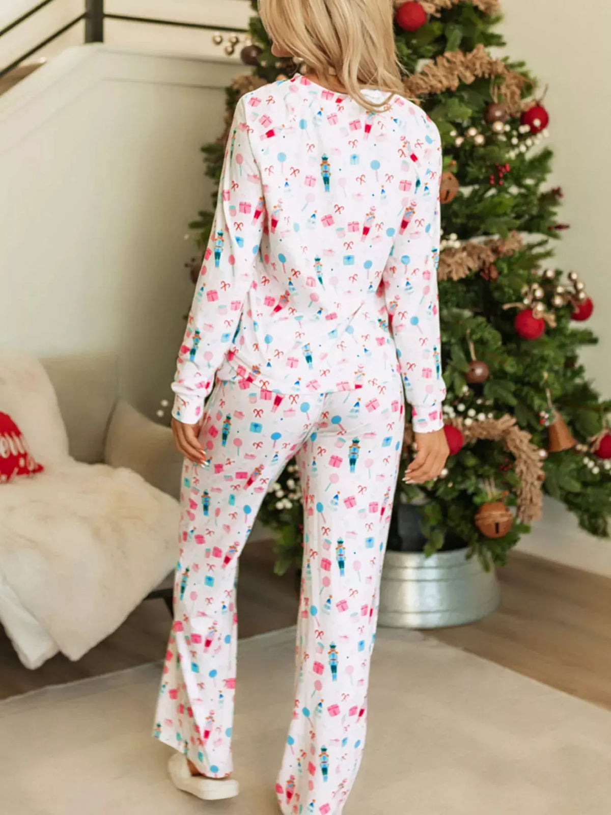 Christmas Pattern Long Sleeve Top and Wide Leg Pants Set by Partner Label