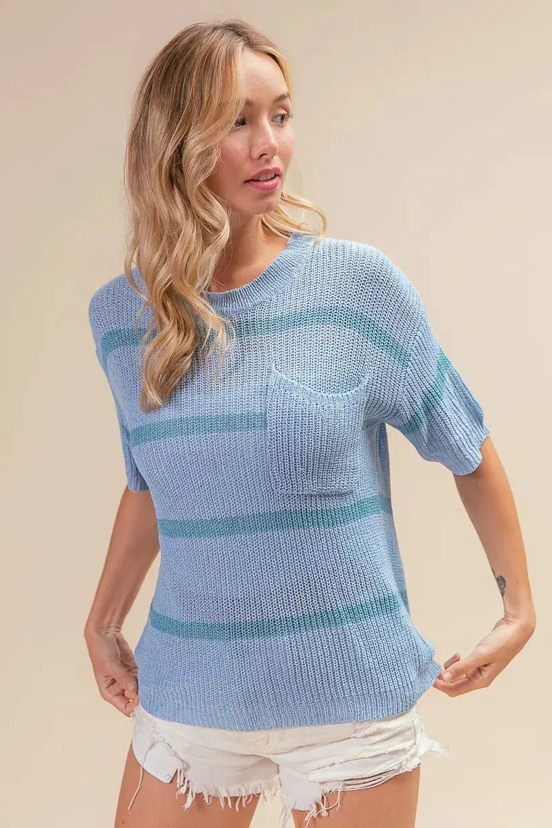 BiBi Patch Pocket Striped Lightweight Sweater Top by BiBi