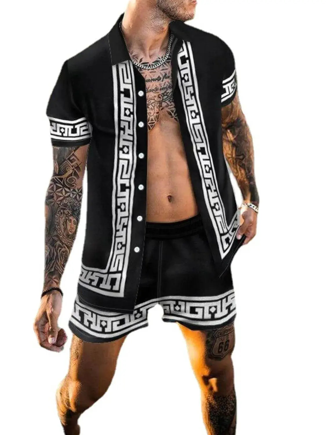 Men's Full Size Printed Button Up Top and Shorts Set Plus Size by Trendsi