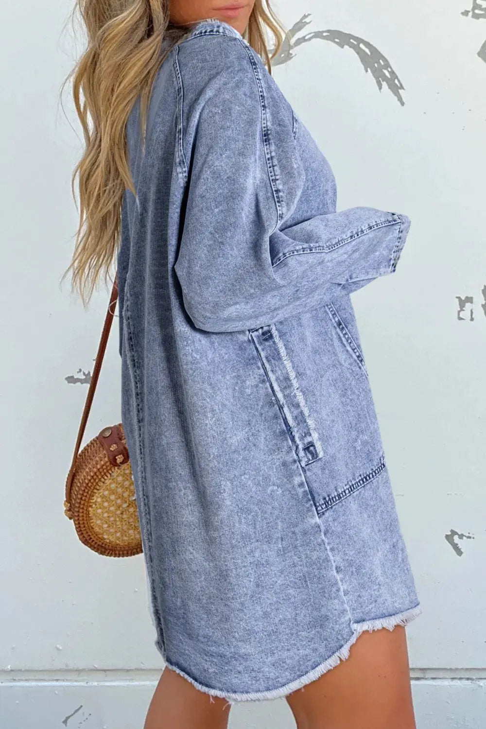 Raw Hem Button Down Long Sleeve Denim Dress by Partner Label
