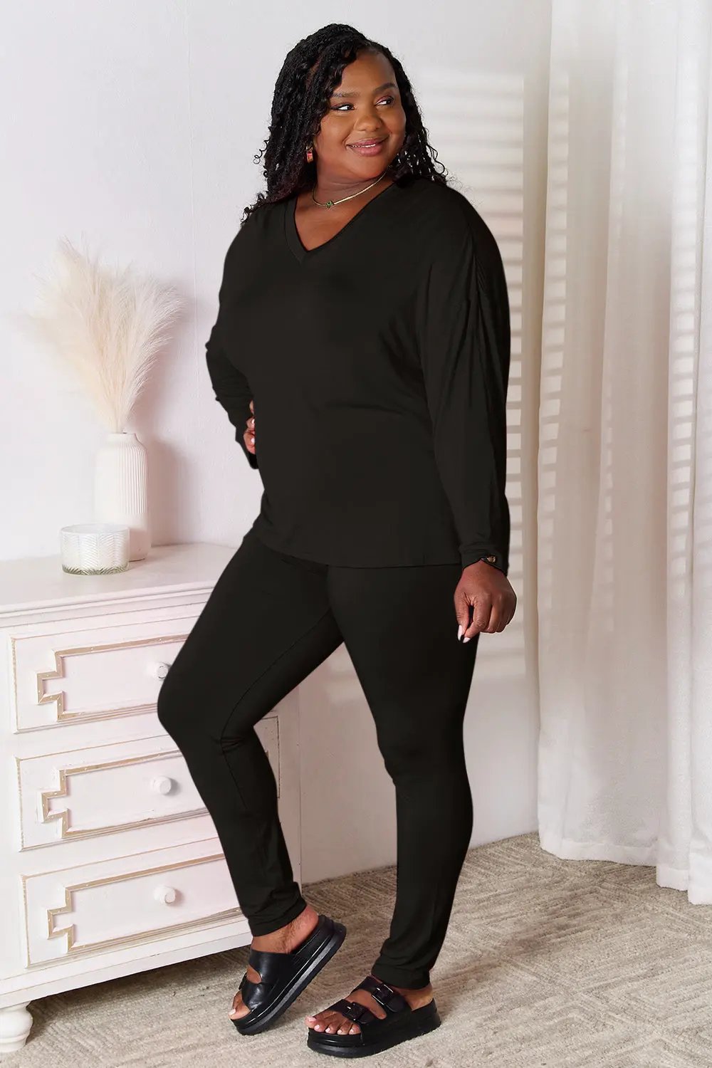 Basic Bae Full Size V-Neck Soft Rayon Long Sleeve Top and Pants Lounge Set by Basic Bae