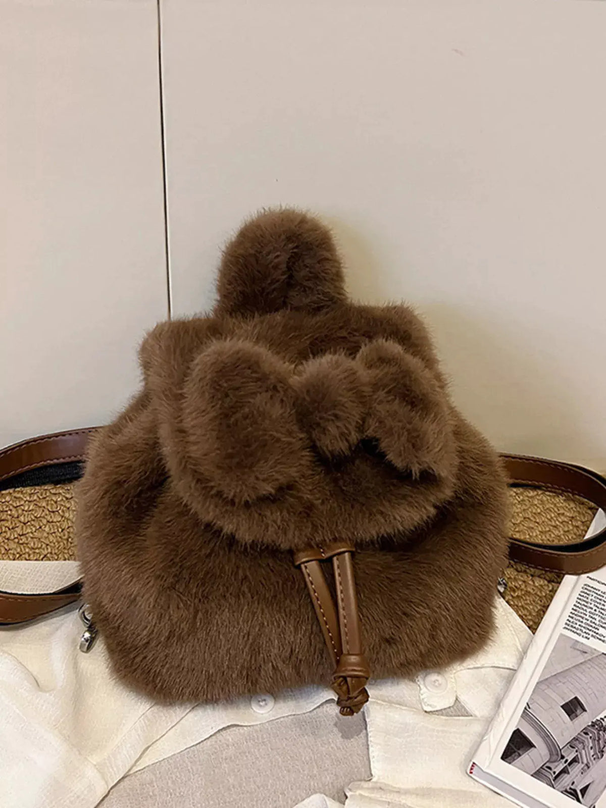 Fuzzy Plush Drawstring Backpack Bag by Partner Label